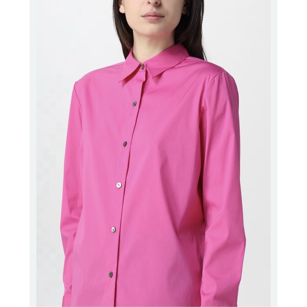 Theory Magenta WOOL Pink Stretch M Button Down Blouse Long Sleeve Career Minimal